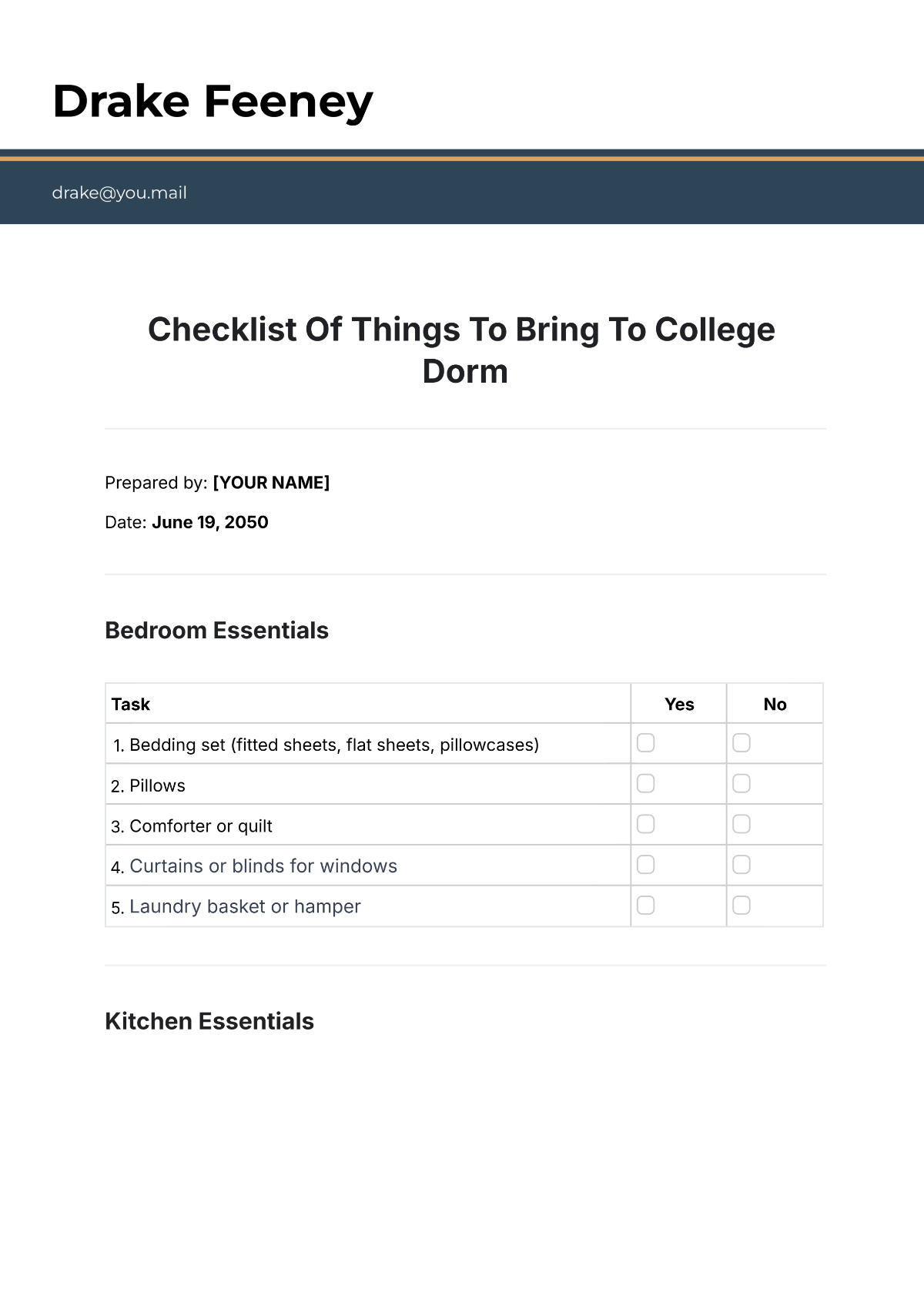 Checklist Of Things To Bring To College Dorm Template - Edit Online & Download