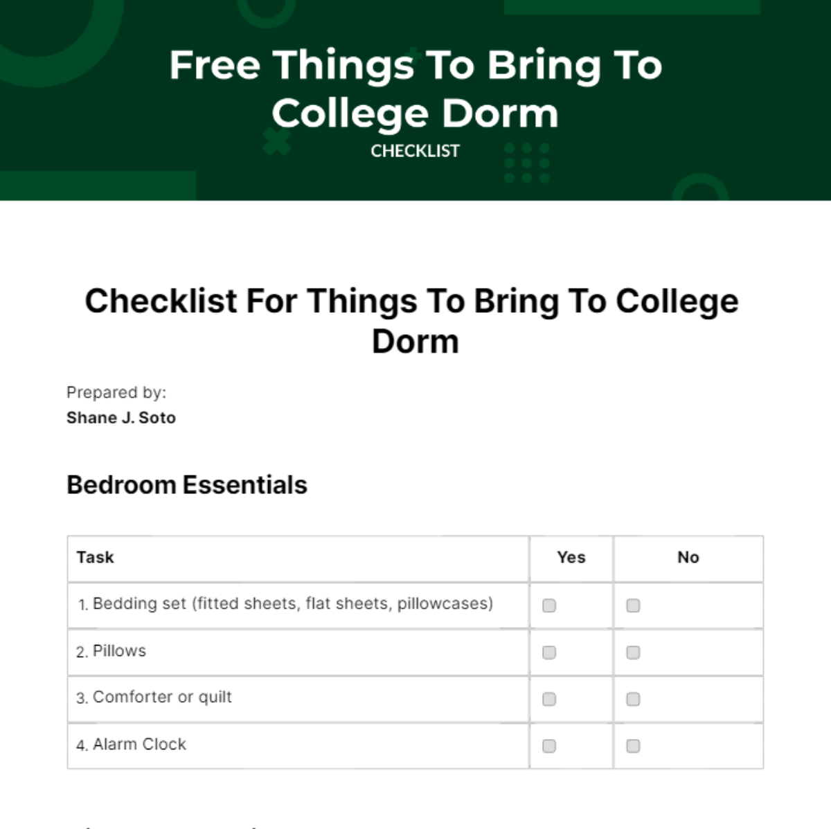 Checklist Of Things To Bring To College Dorm - Edit Online & Download ...