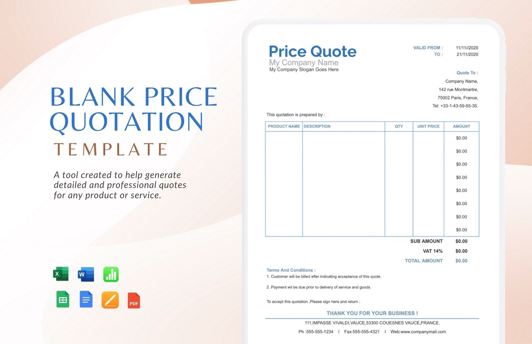 Free Blank Price Quotation Template in Word, Google Docs, Excel, PDF, Google Sheets, Apple Pages, Apple Numbers