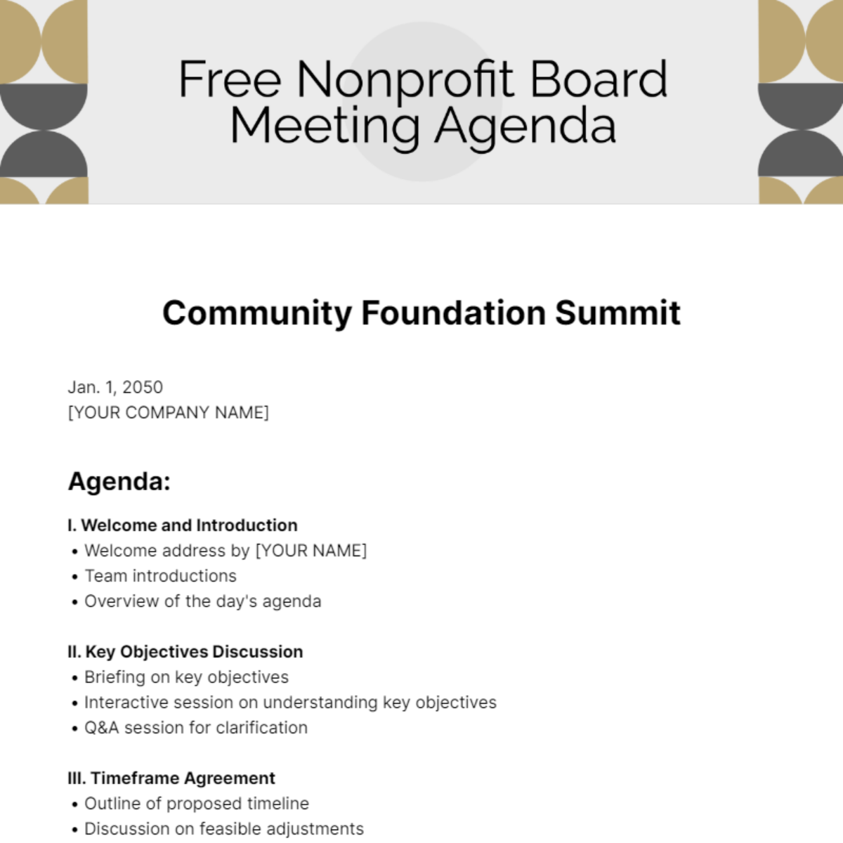 Nonprofit Board Meeting Agenda  Template