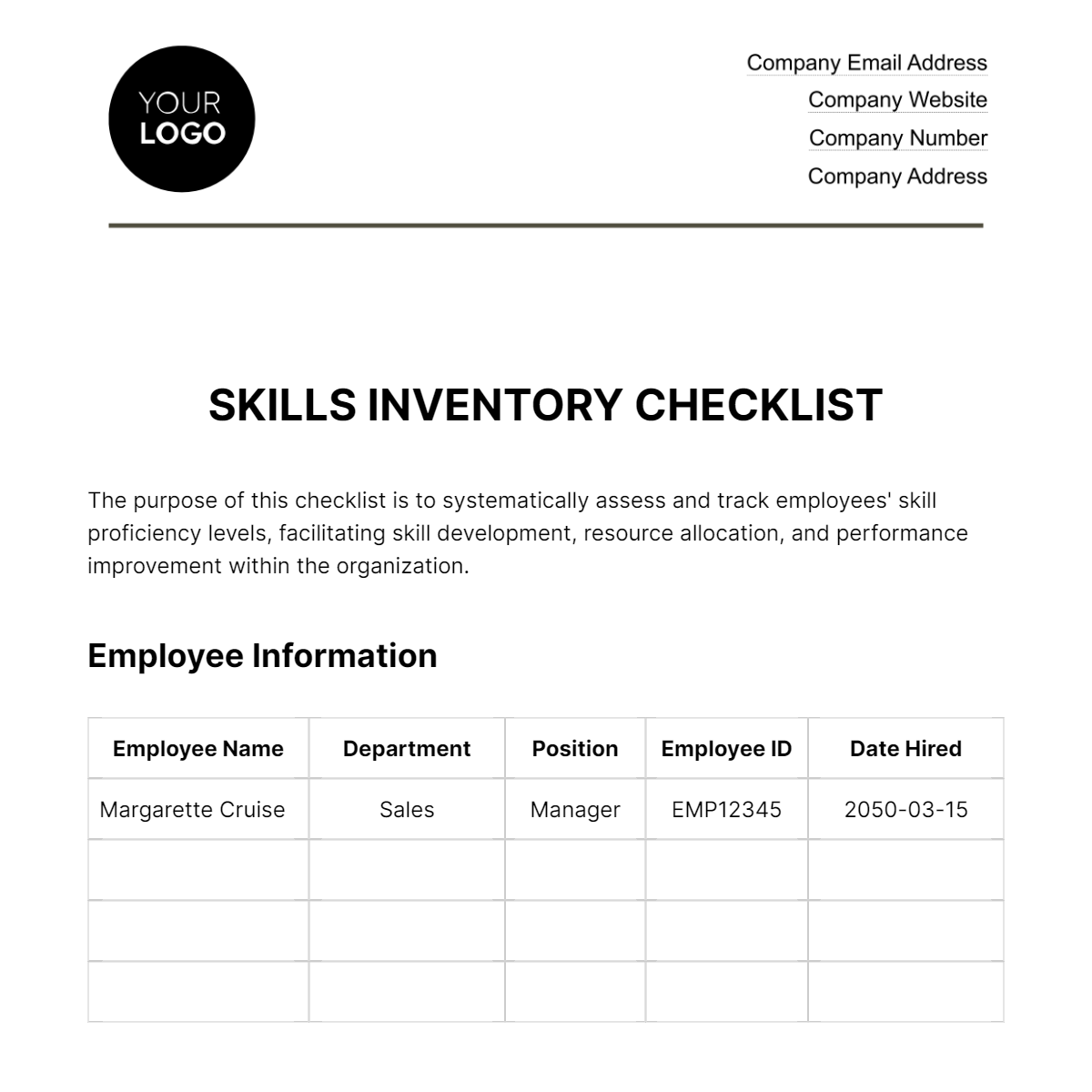 Skills Inventory Checklist HR Template