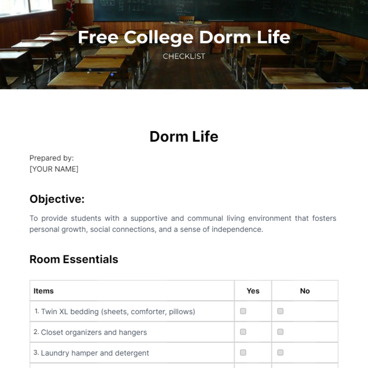 Free College Dorm Life Checklist Template