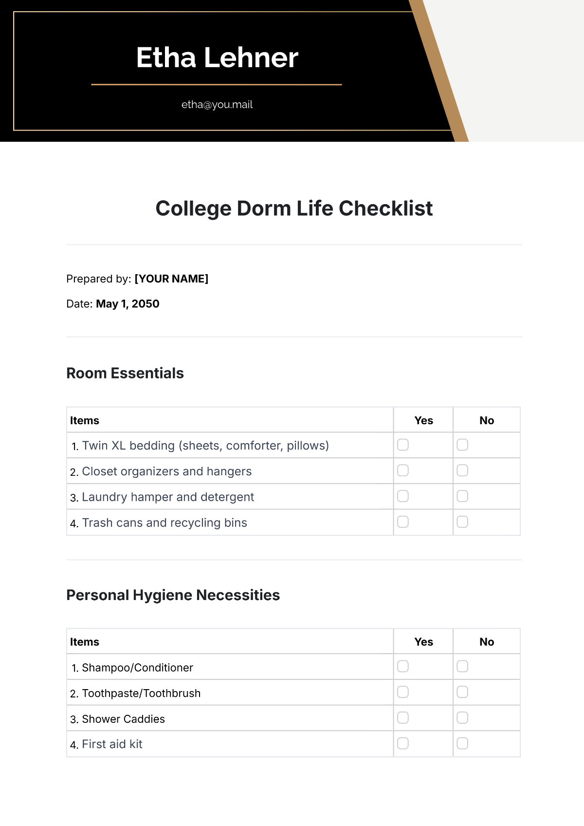 College Dorm Life Checklist Template - Edit Online & Download