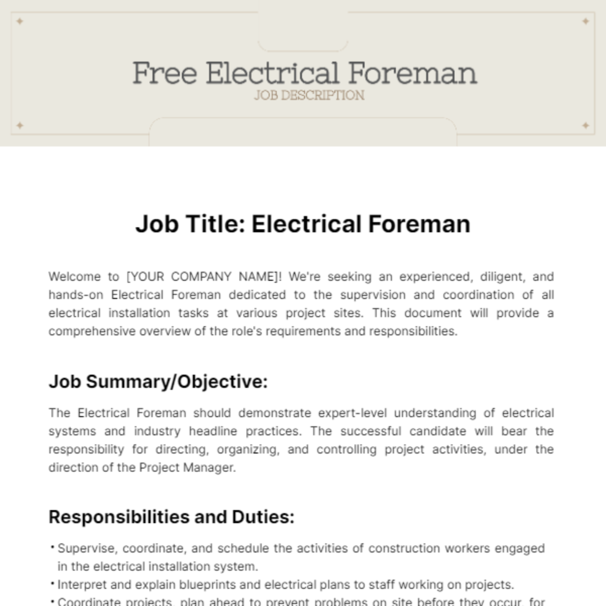 Free Electrical Foreman Job Description Template