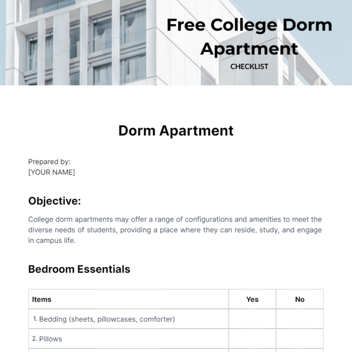 Free College Dorm Apartment Checklist Template