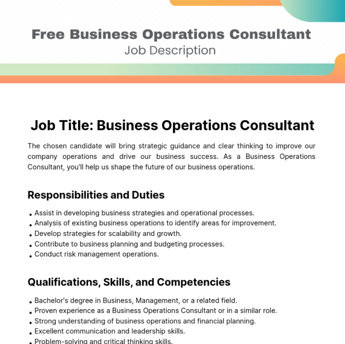 Business Operations Consultant Job Description Template