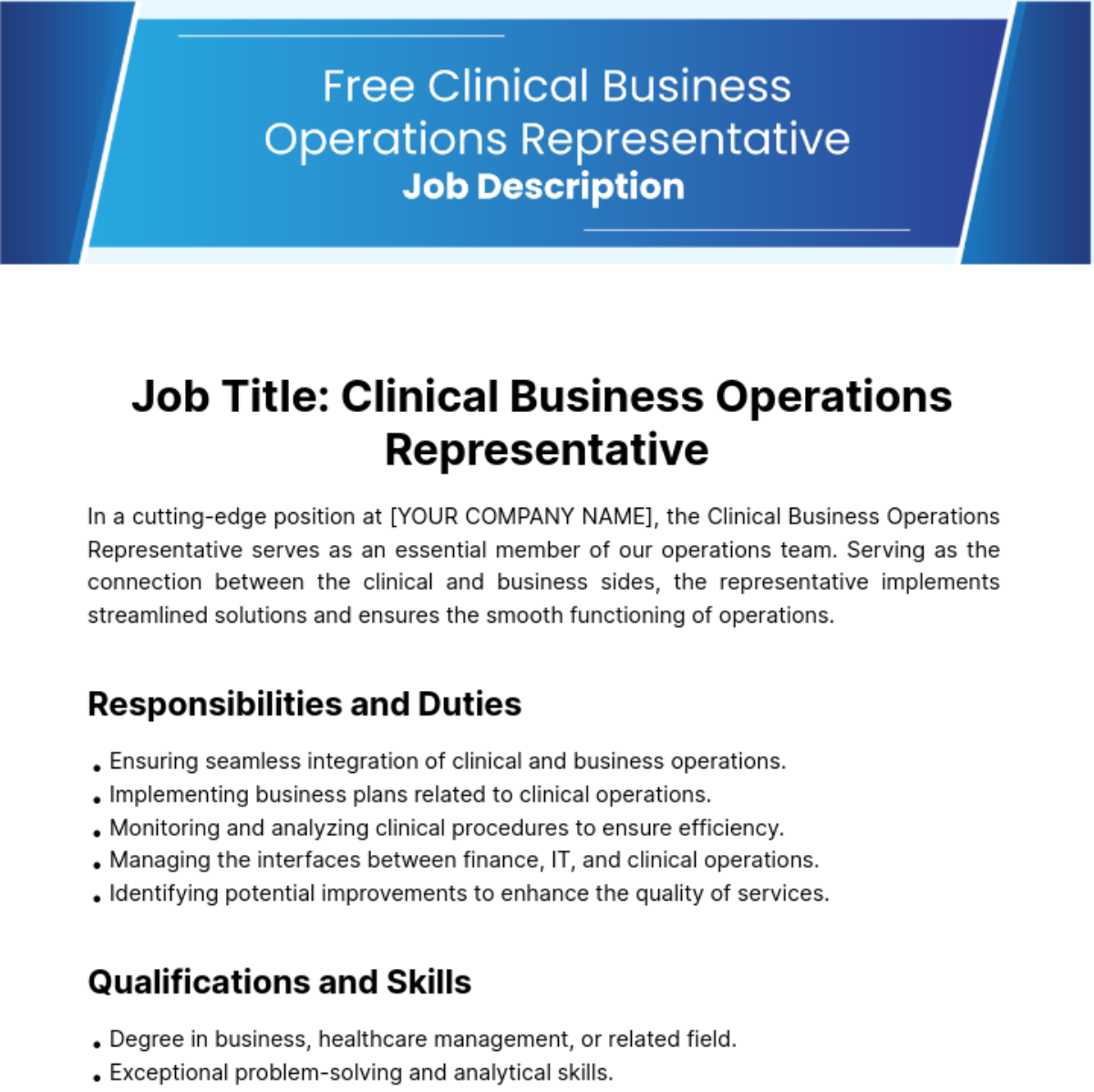 Free Clinical Business Operations Representative Job Description Template