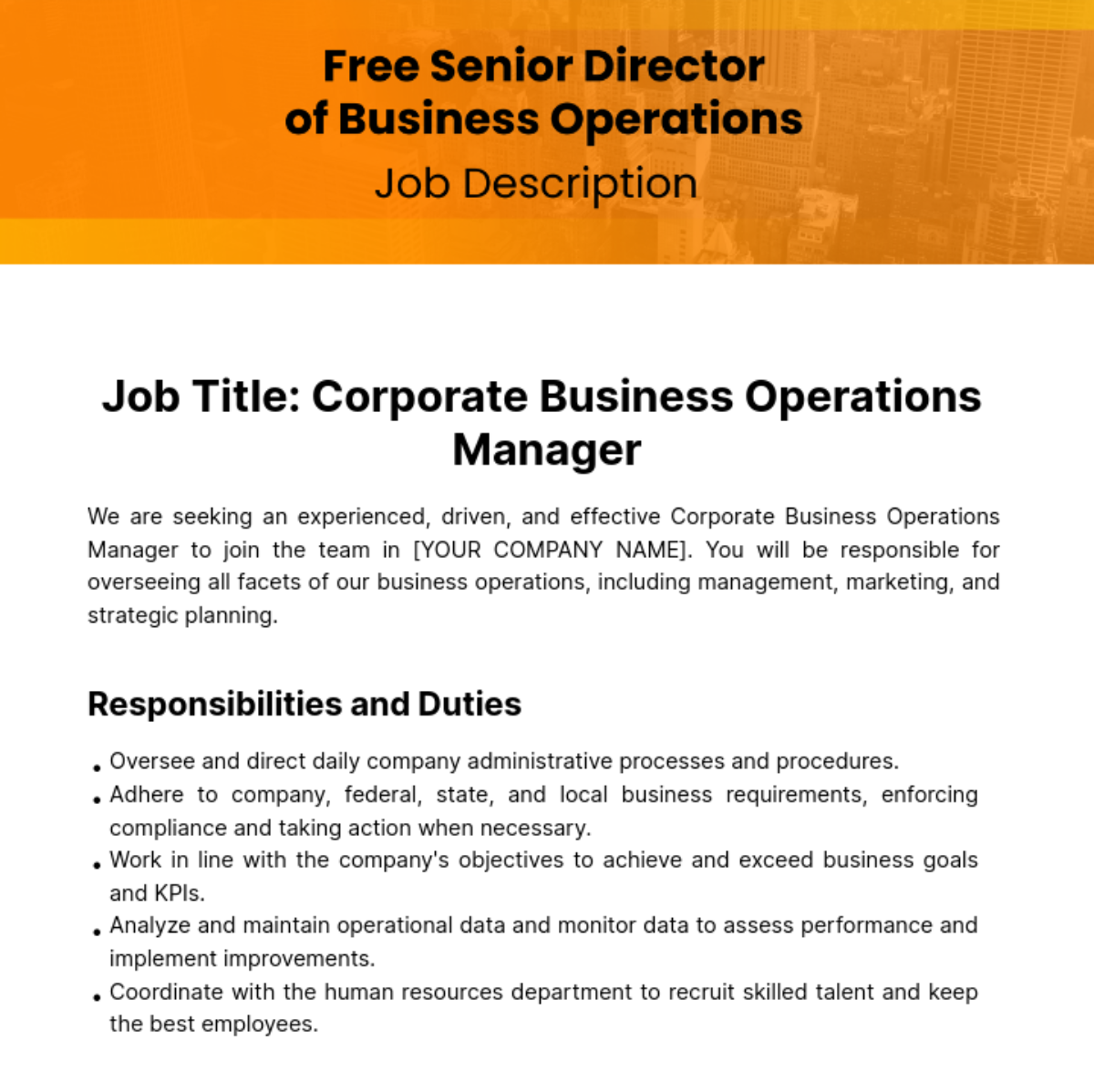 Corporate Business Operations Manager Job Description Template