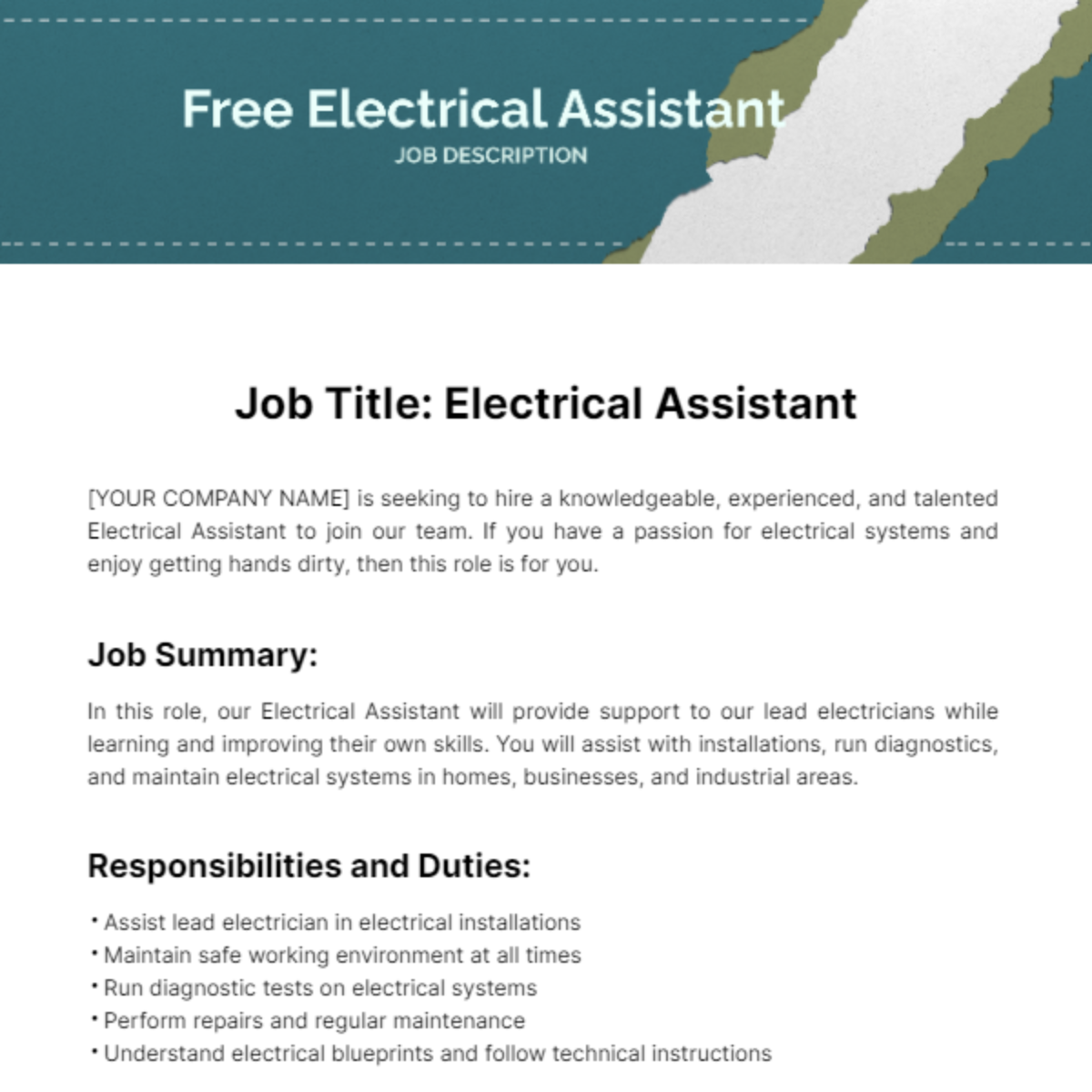 Free Electrical Assistant Job Description Template