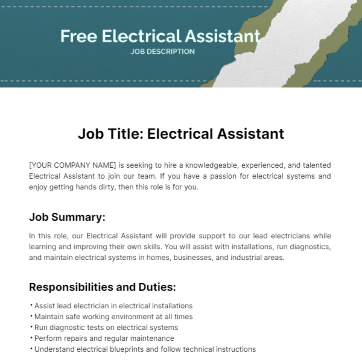 FREE Electrical Job Description Templates Examples Edit Online 