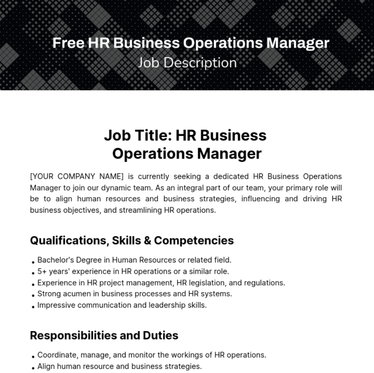 HR Business Operations Manager Job Description Template