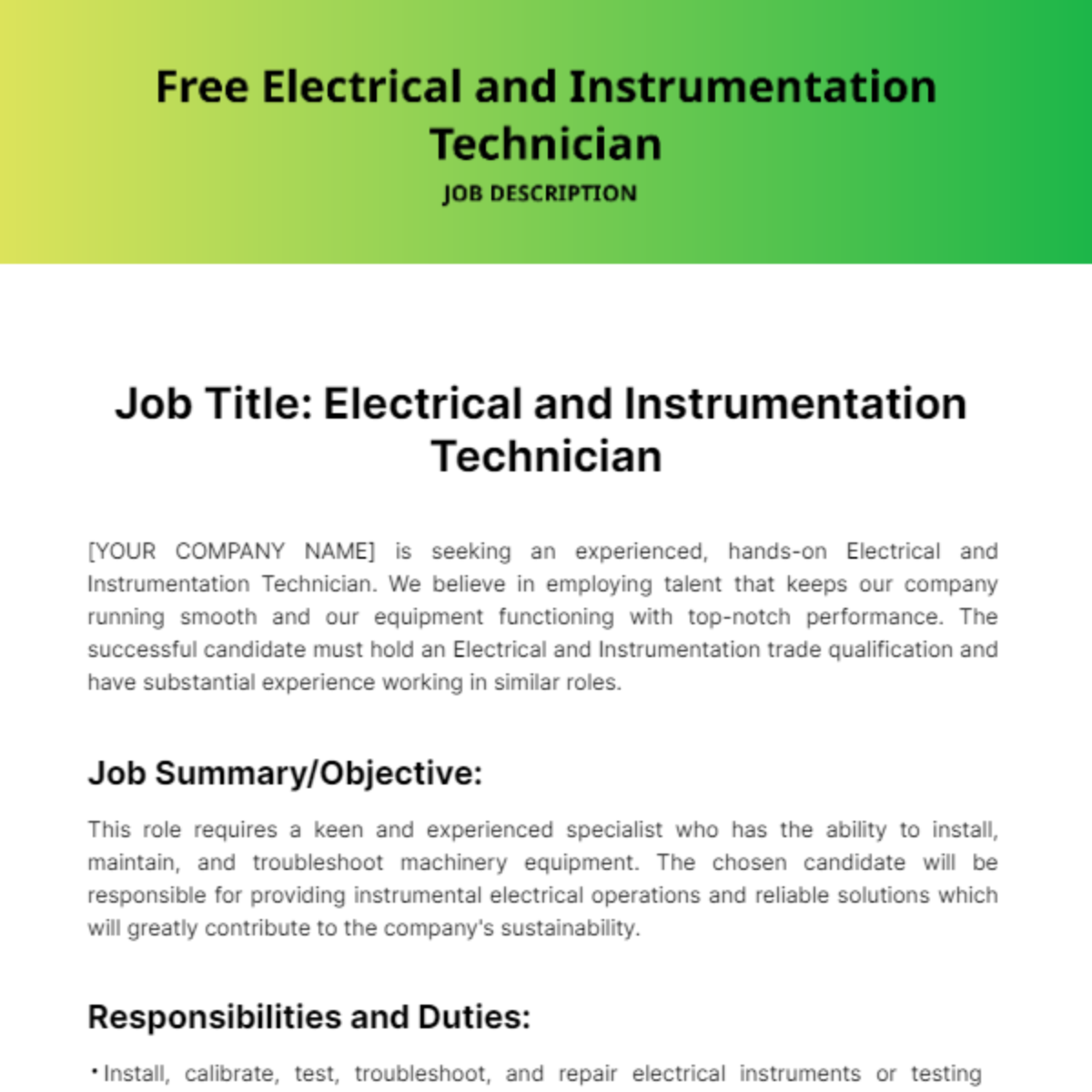 Electrical and Instrumentation Technician Job Description Template