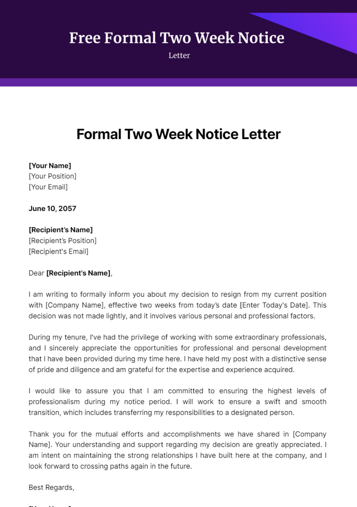 Free Formal Two Week Notice Letter Template