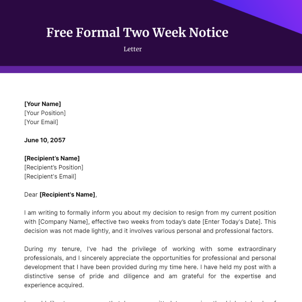 Formal Two Week Notice Letter Template