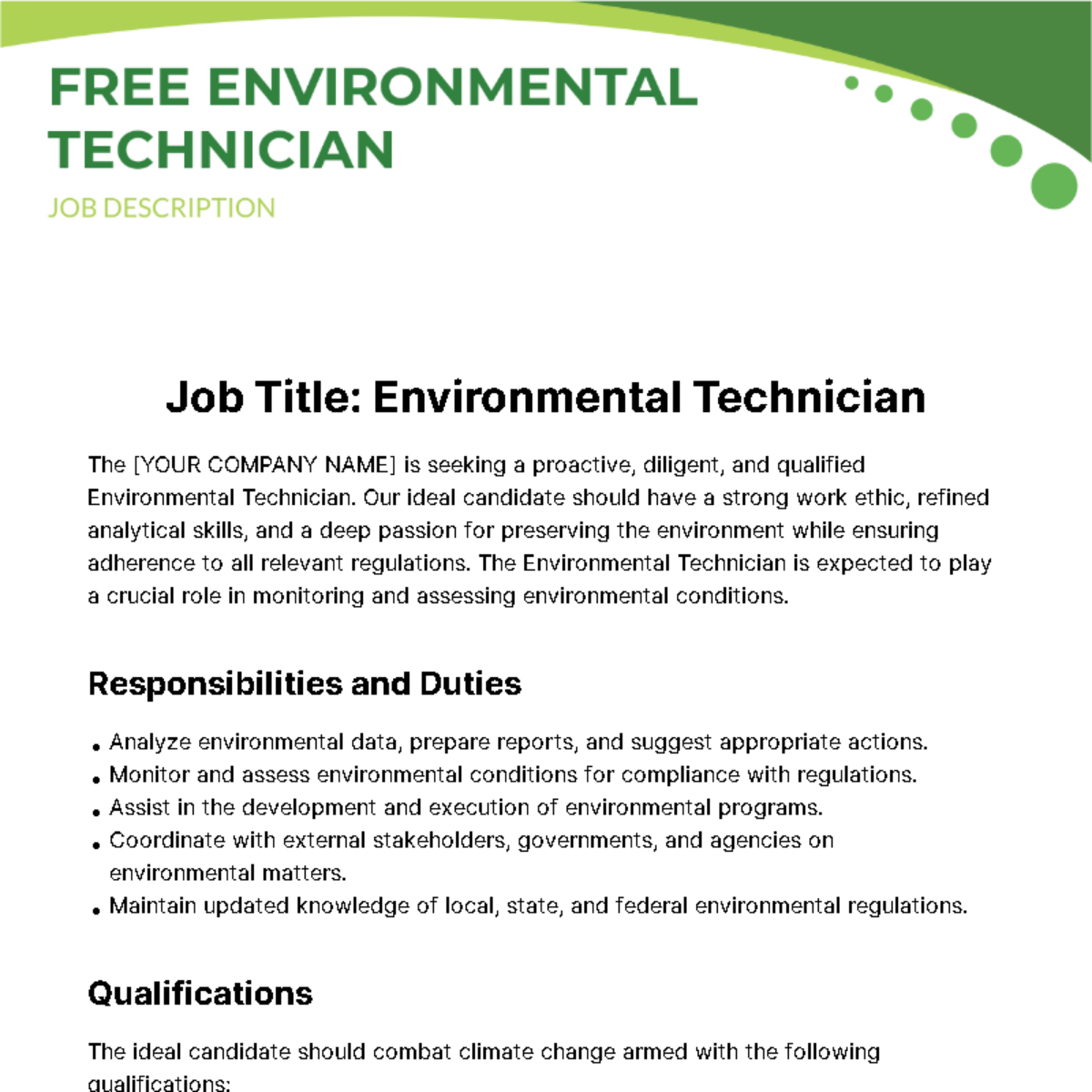 Environmental Technician Job Description Template