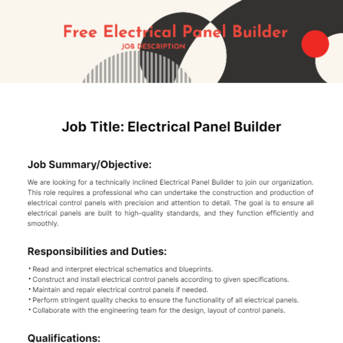 Free Electrical Panel Builder Job Description Template