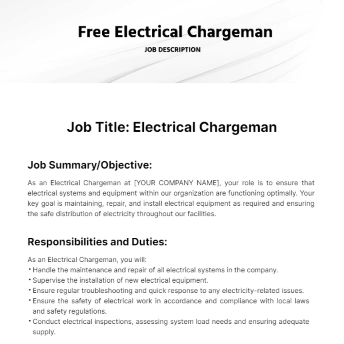 Electrical Chargeman Job Description Template