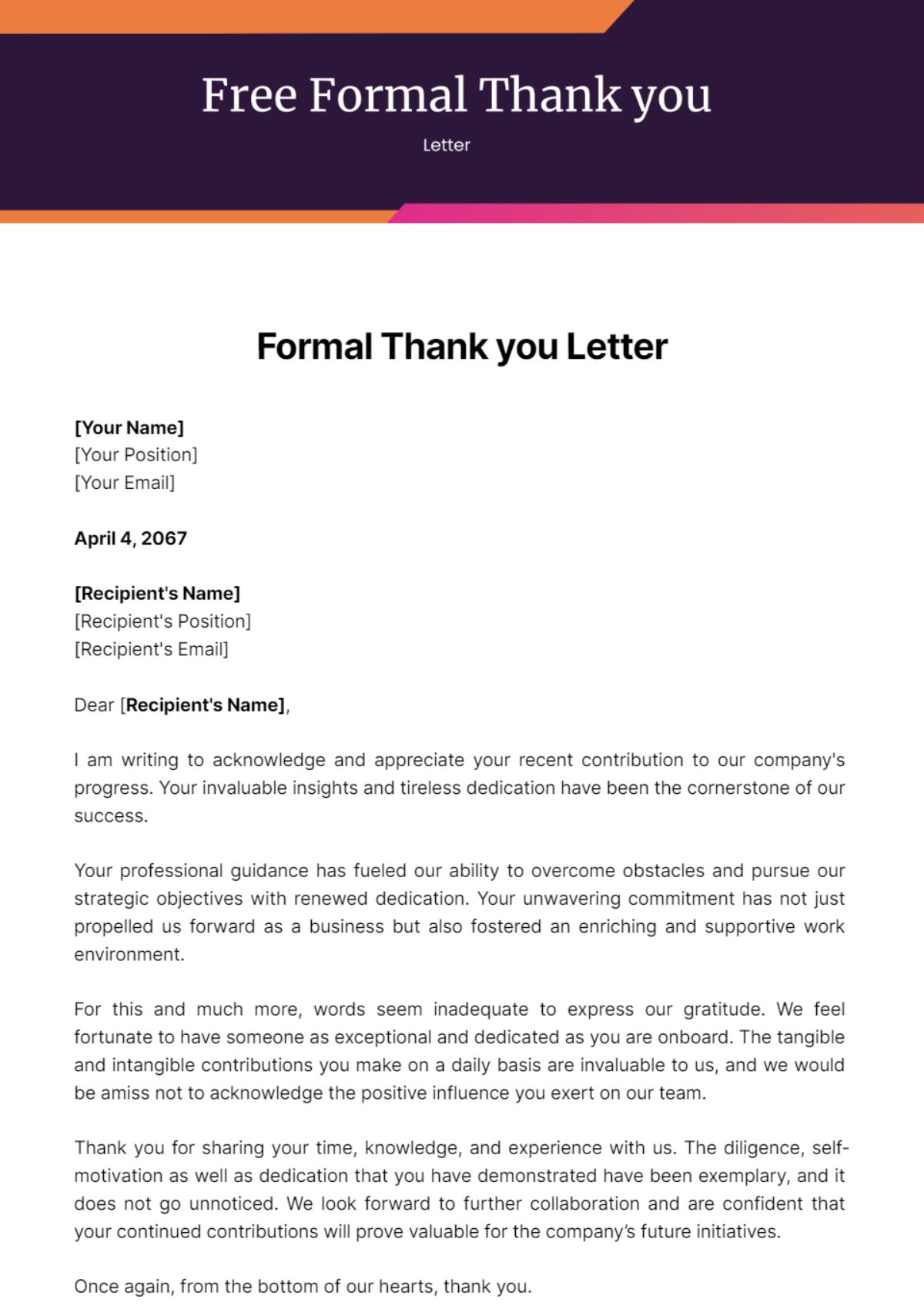 Free Formal Thank you Letter Template