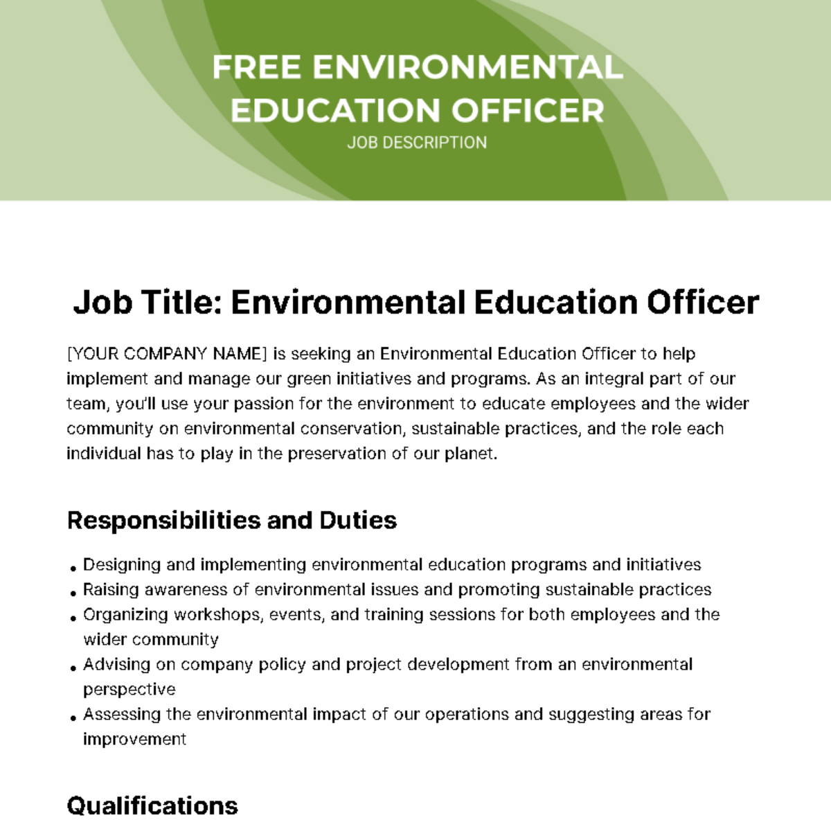 Environmental Education Officer Job Description Template