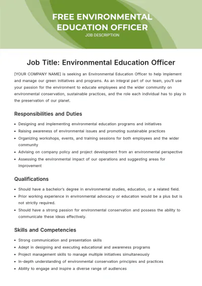 Free Environmental Education Officer Job Description Template to Edit Online