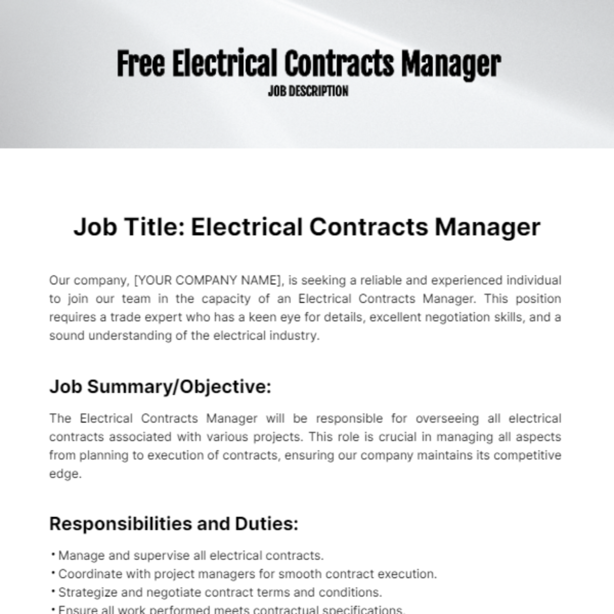 Electrical Contracts Manager Job Description Template