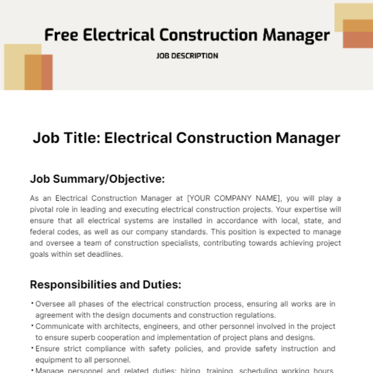 Electrical Construction Manager Job Description Template