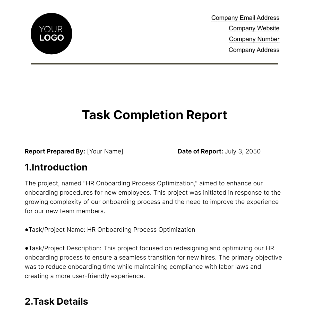 Task Completion Report HR Template