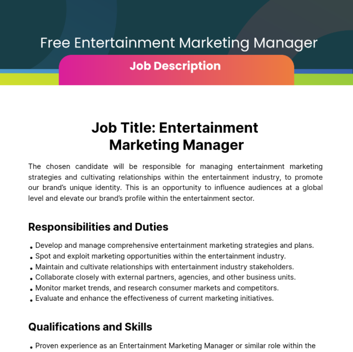 Free Entertainment Marketing Manager Job Description Template