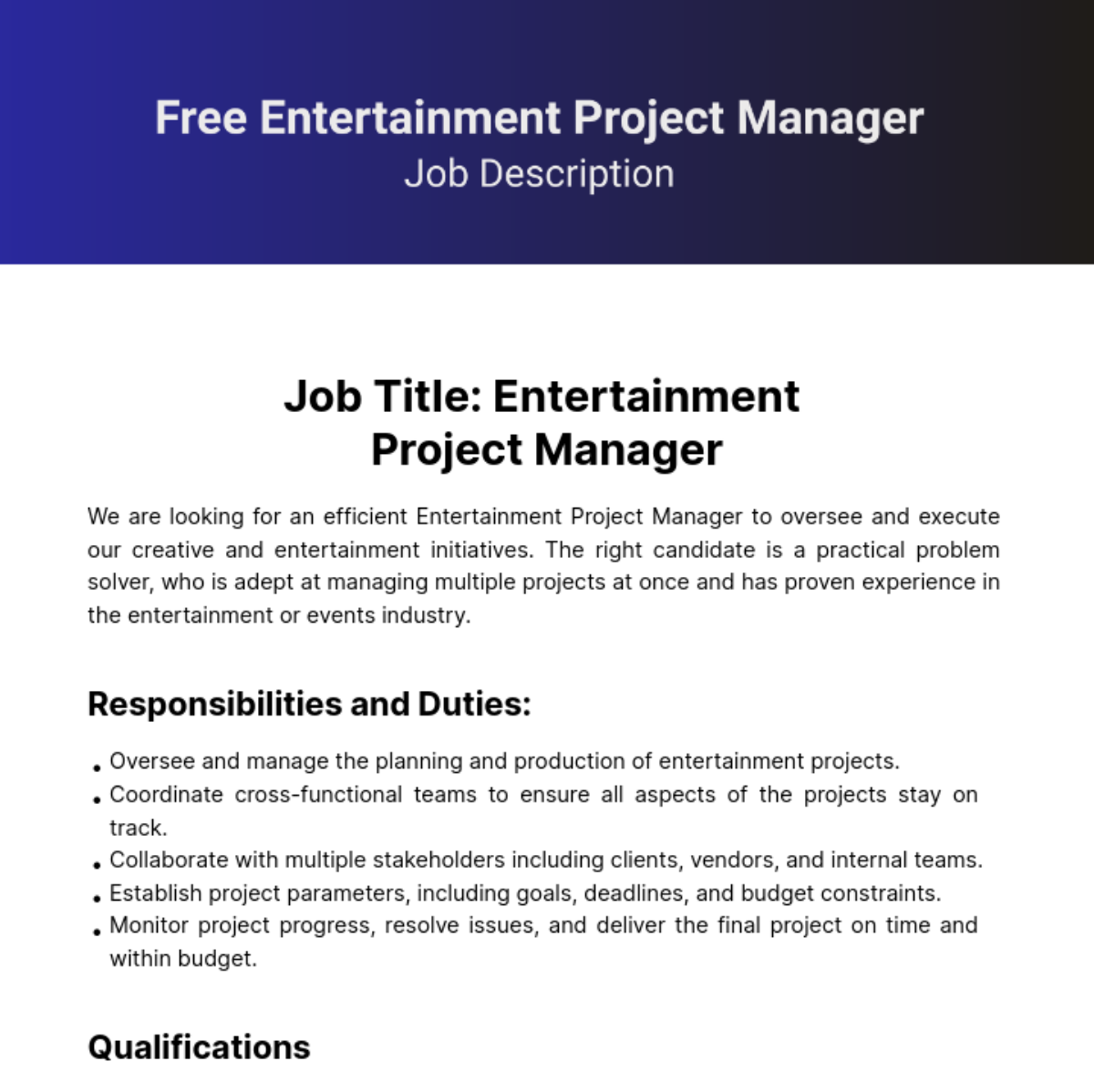 Entertainment Project Manager Job Description Template