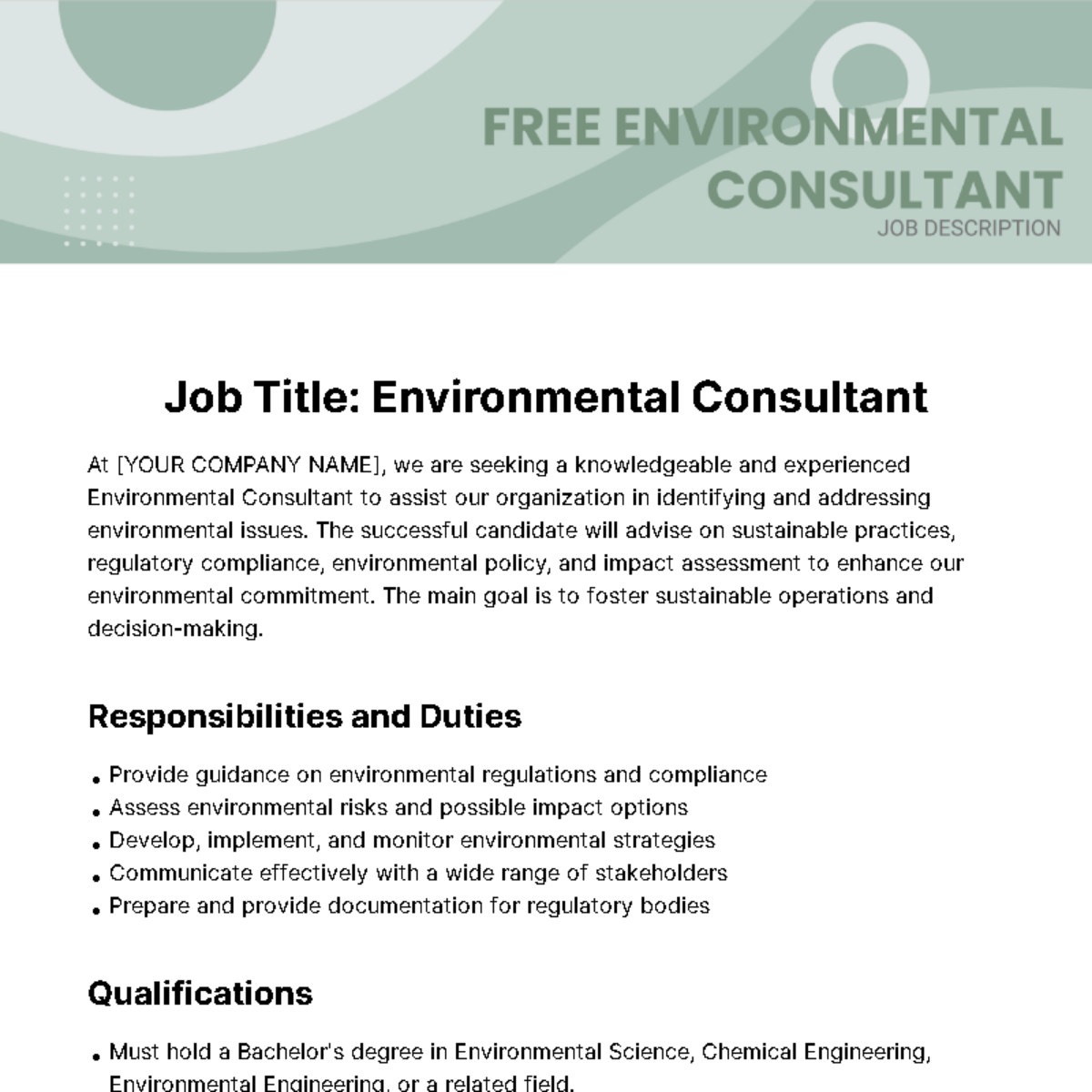 Environmental Consultant Job Description Template