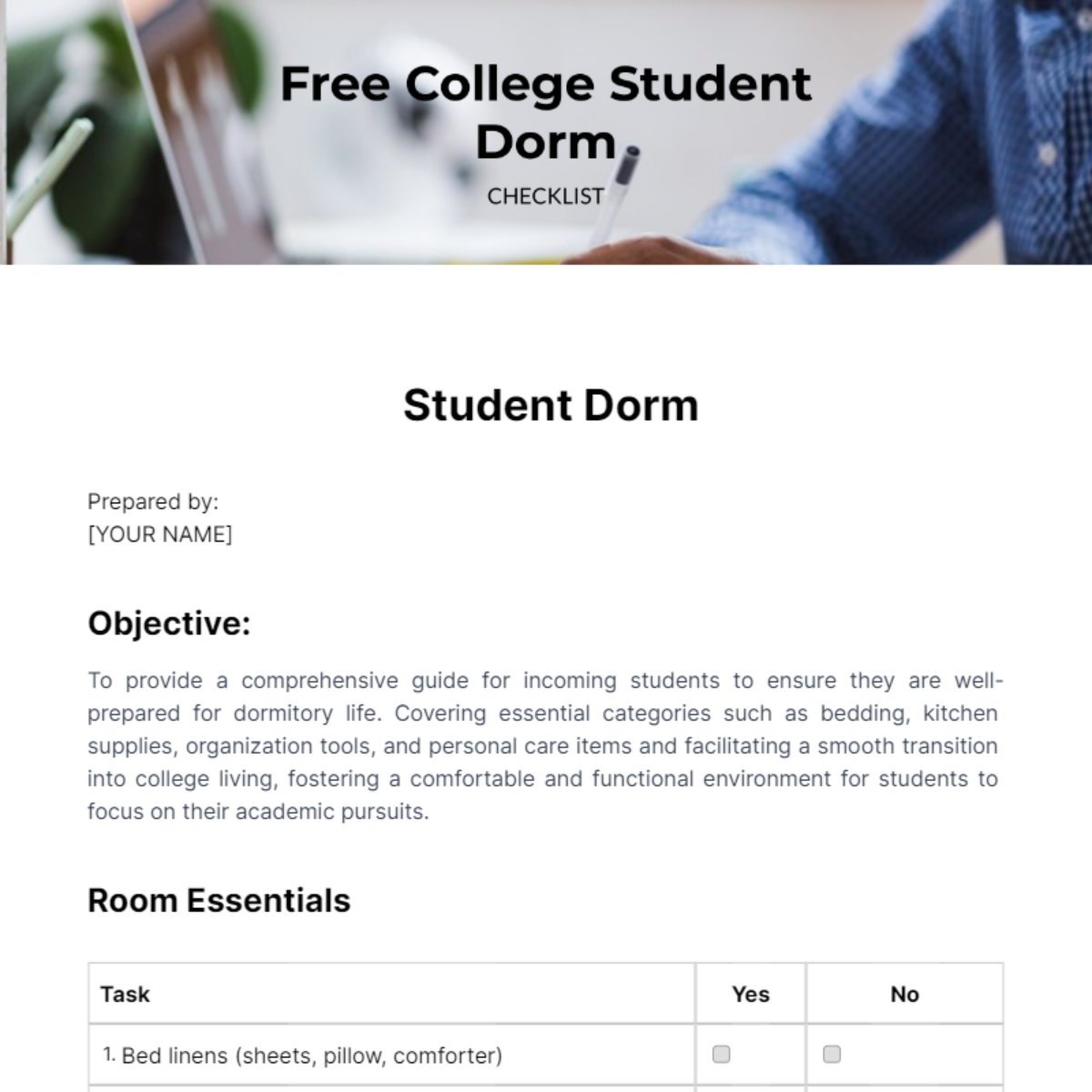 Free College Student Dorm Checklist Template