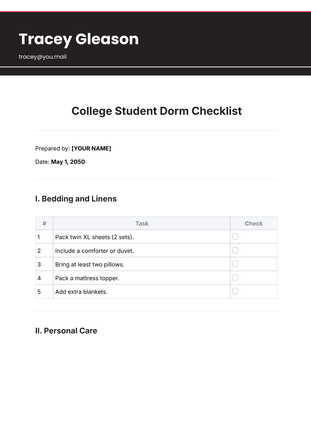 College Student Dorm Checklist Template - Edit Online & Download