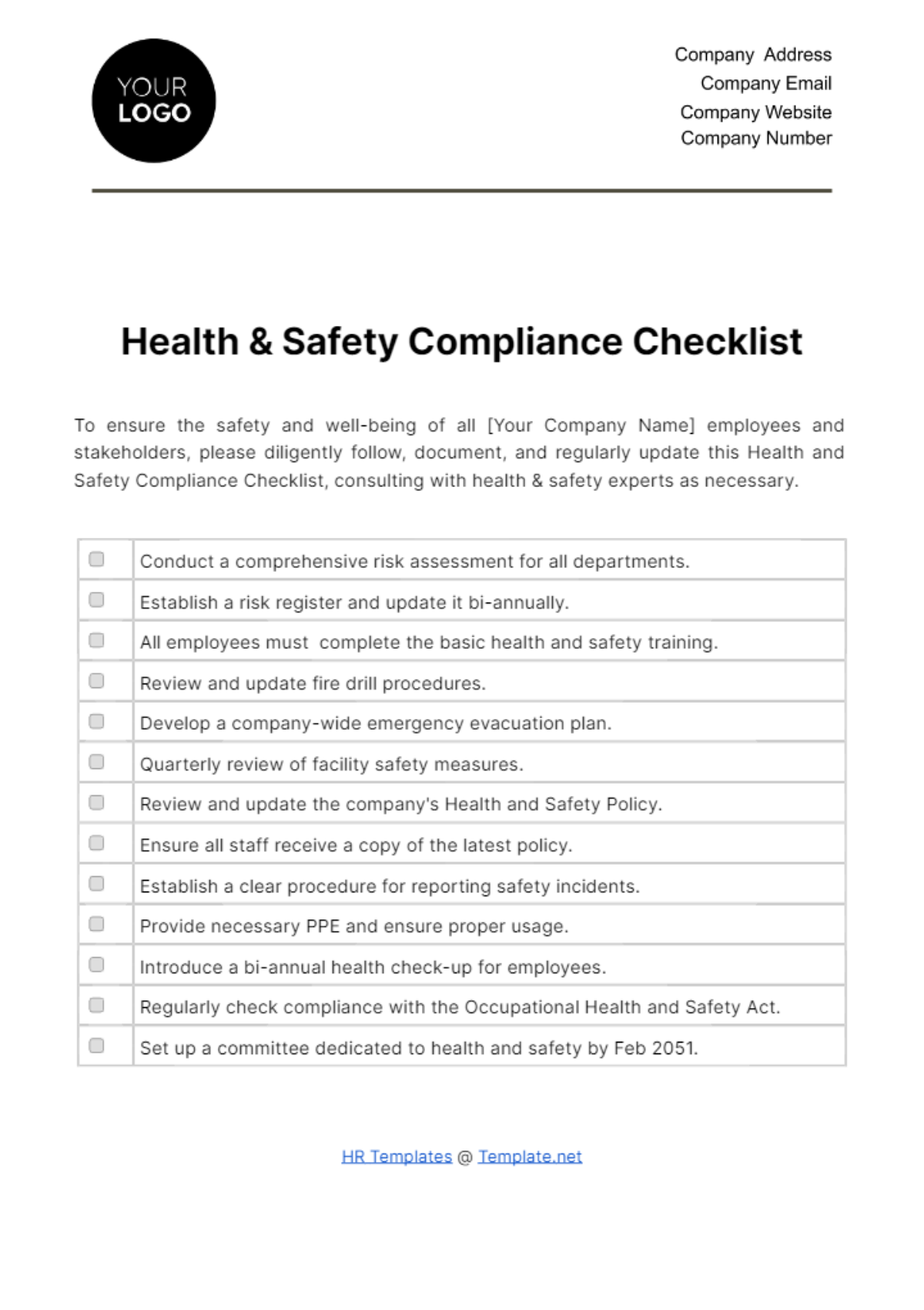 Free Health & Safety Compliance Checklist HR Template