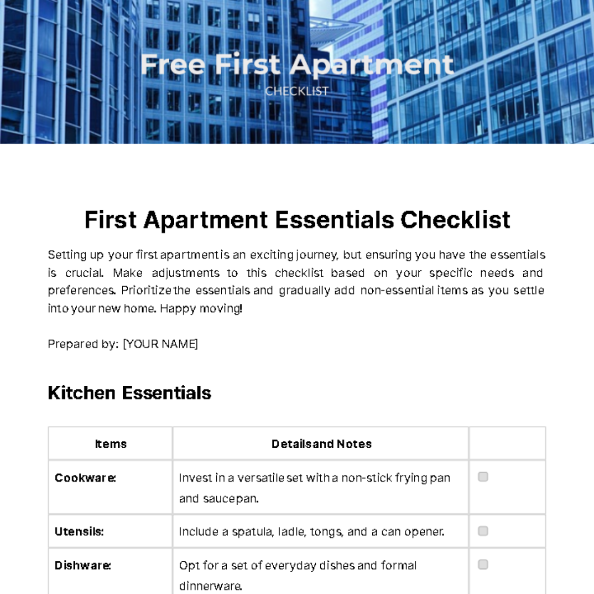 First Apartment Checklist Template