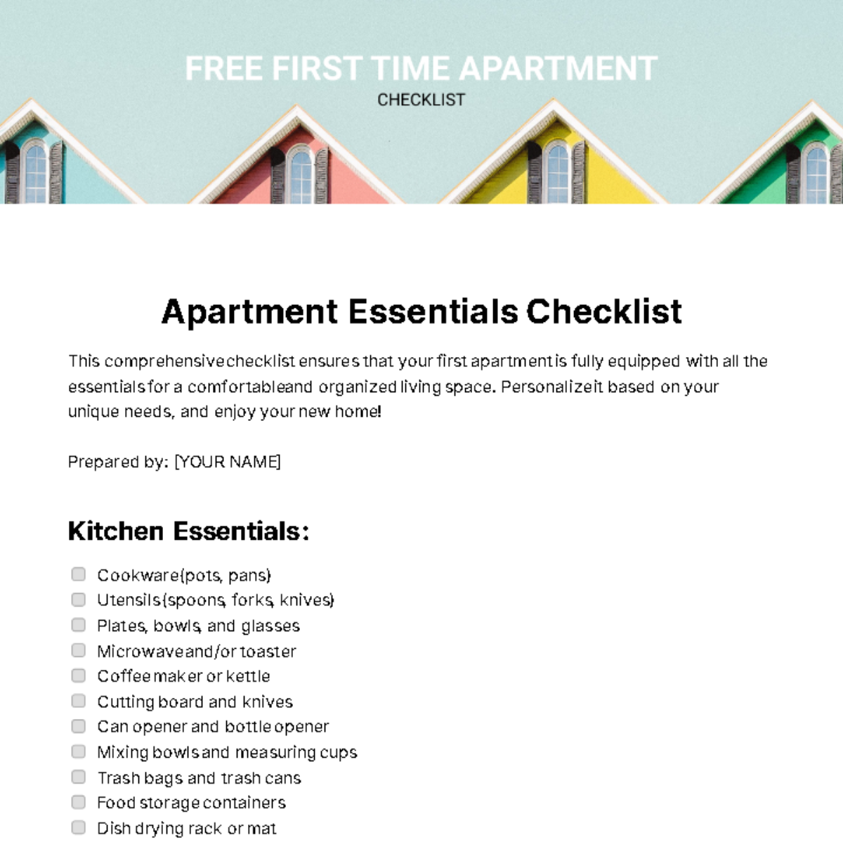 Free First Time Apartment Checklist Template