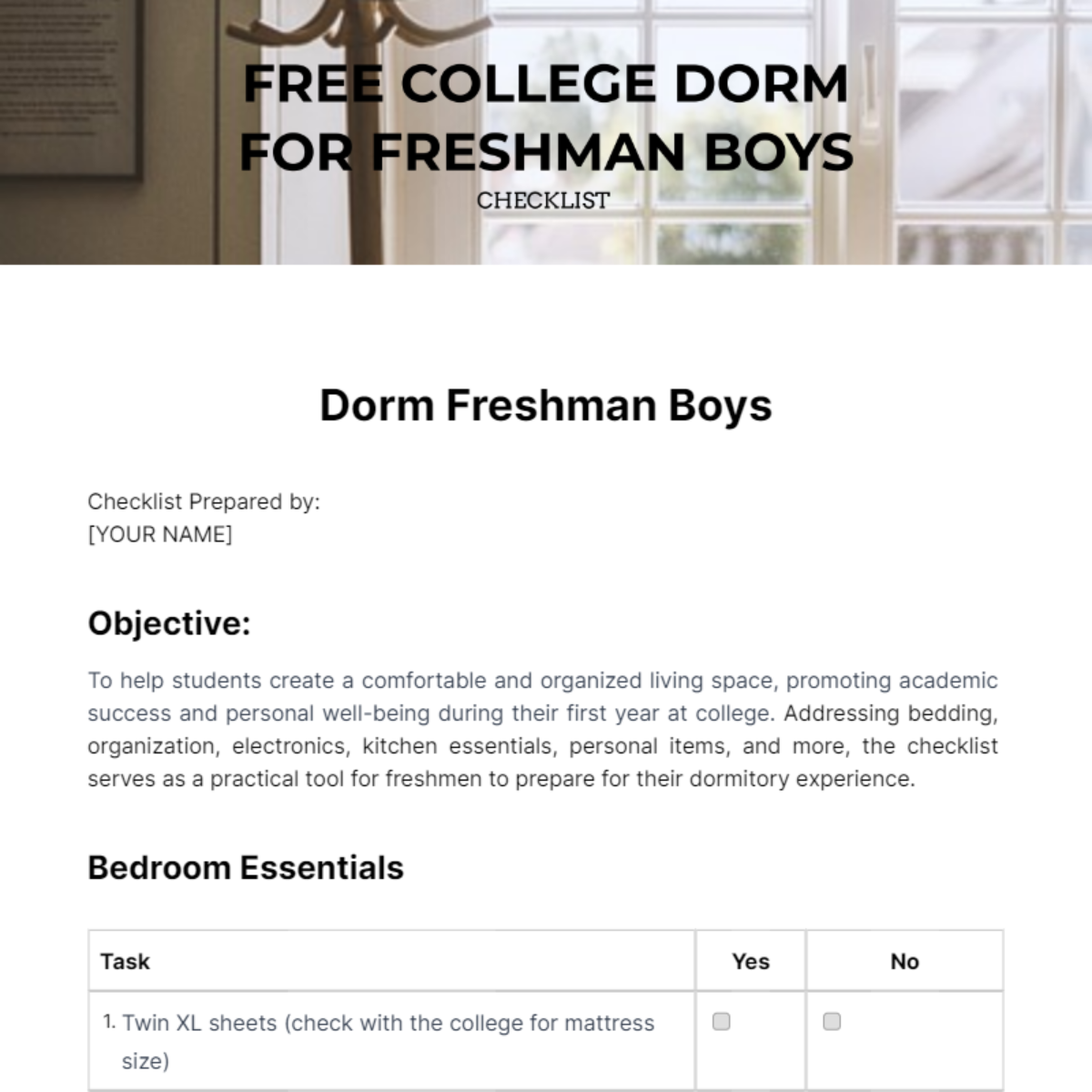 Free College Dorm Checklist For Freshman Boy Template
