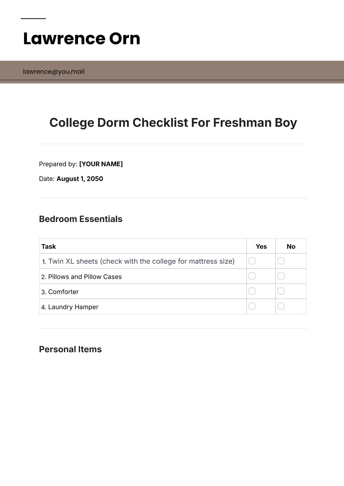 College Dorm Checklist For Freshman Boy Template - Edit Online & Download