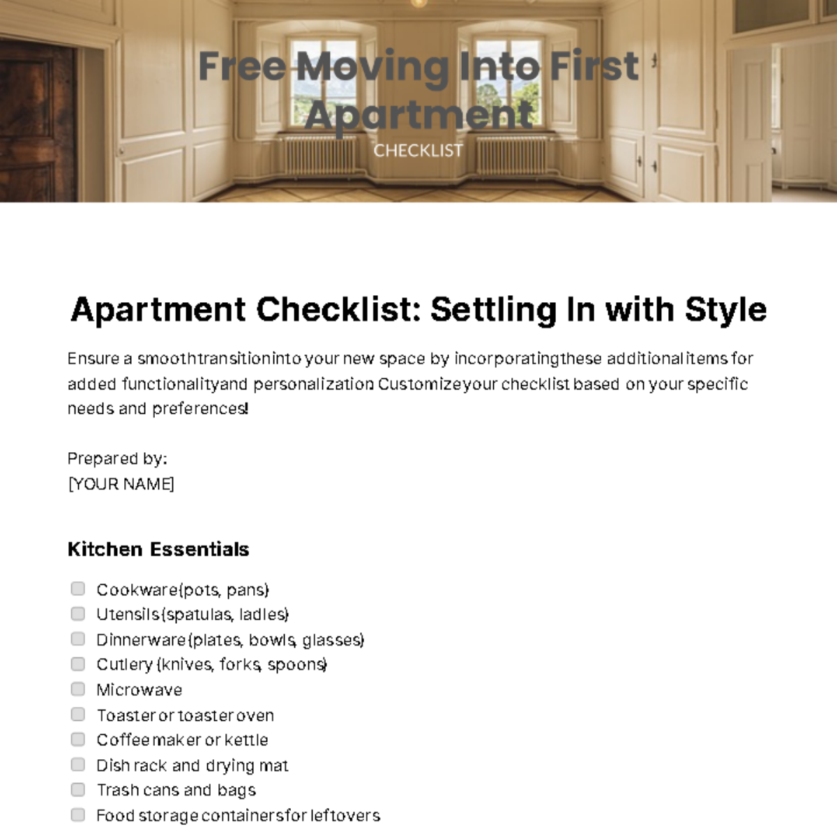 Moving Into First Apartment Checklist Template