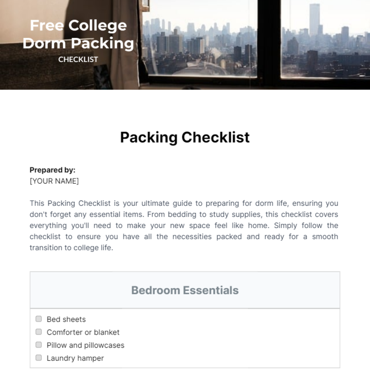 Free College Dorm Packing Checklist Template