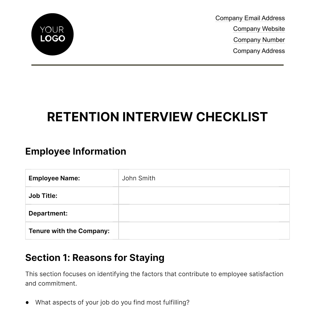 Retention Interview Checklist HR Template