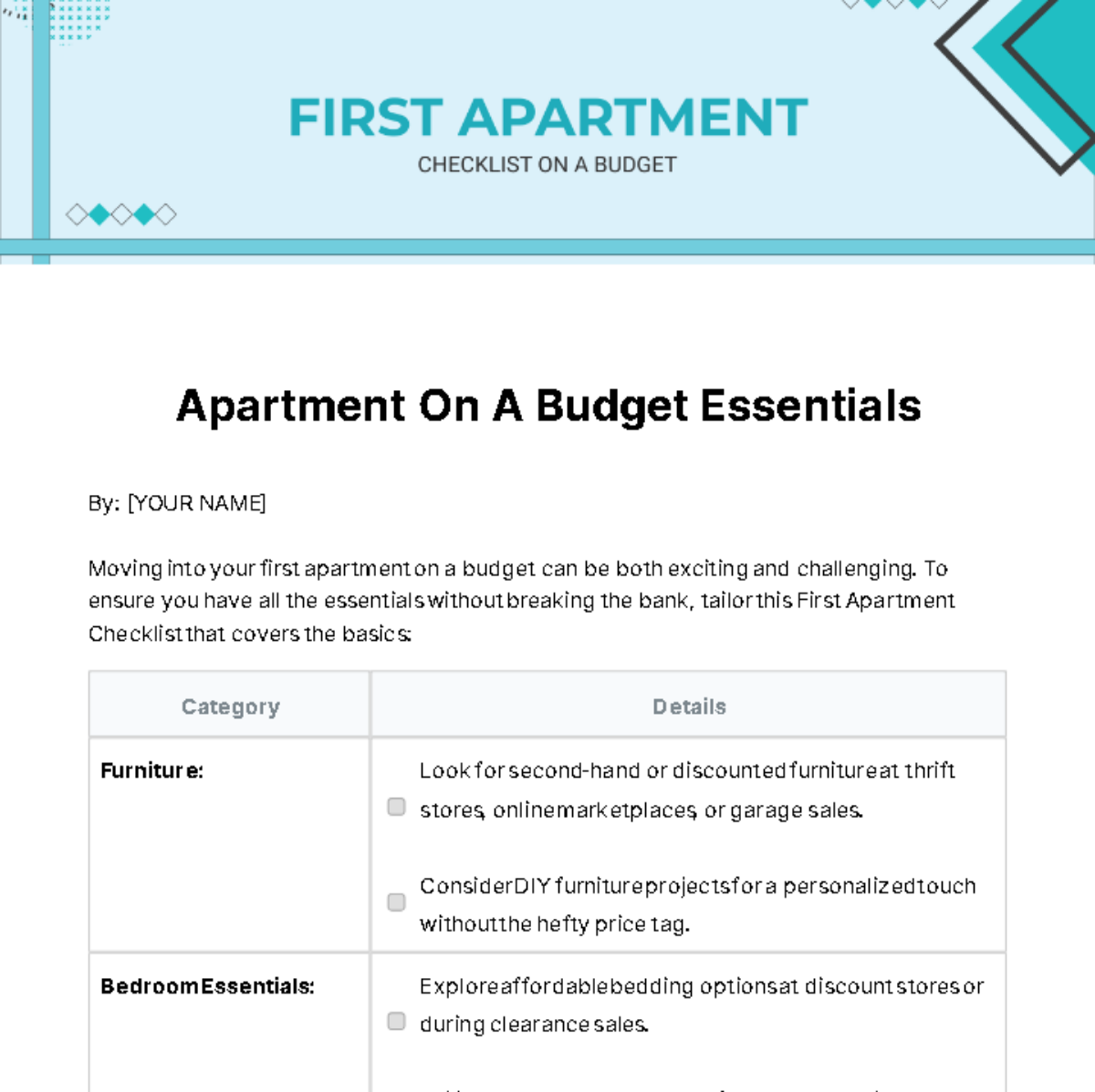 First Apartment Checklist On A Budget Template