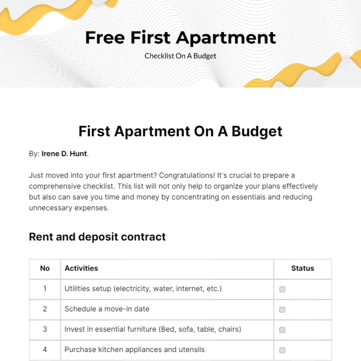 First Apartment Checklist On A Budget Edit Online & Download Example