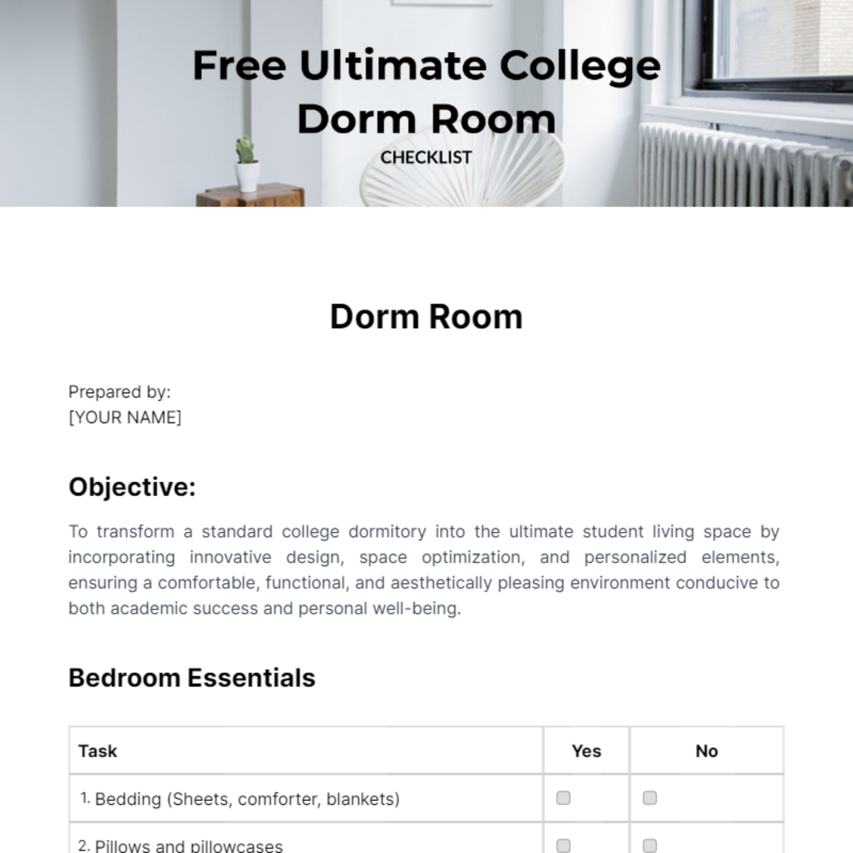 Ultimate College Dorm Room Checklist Template