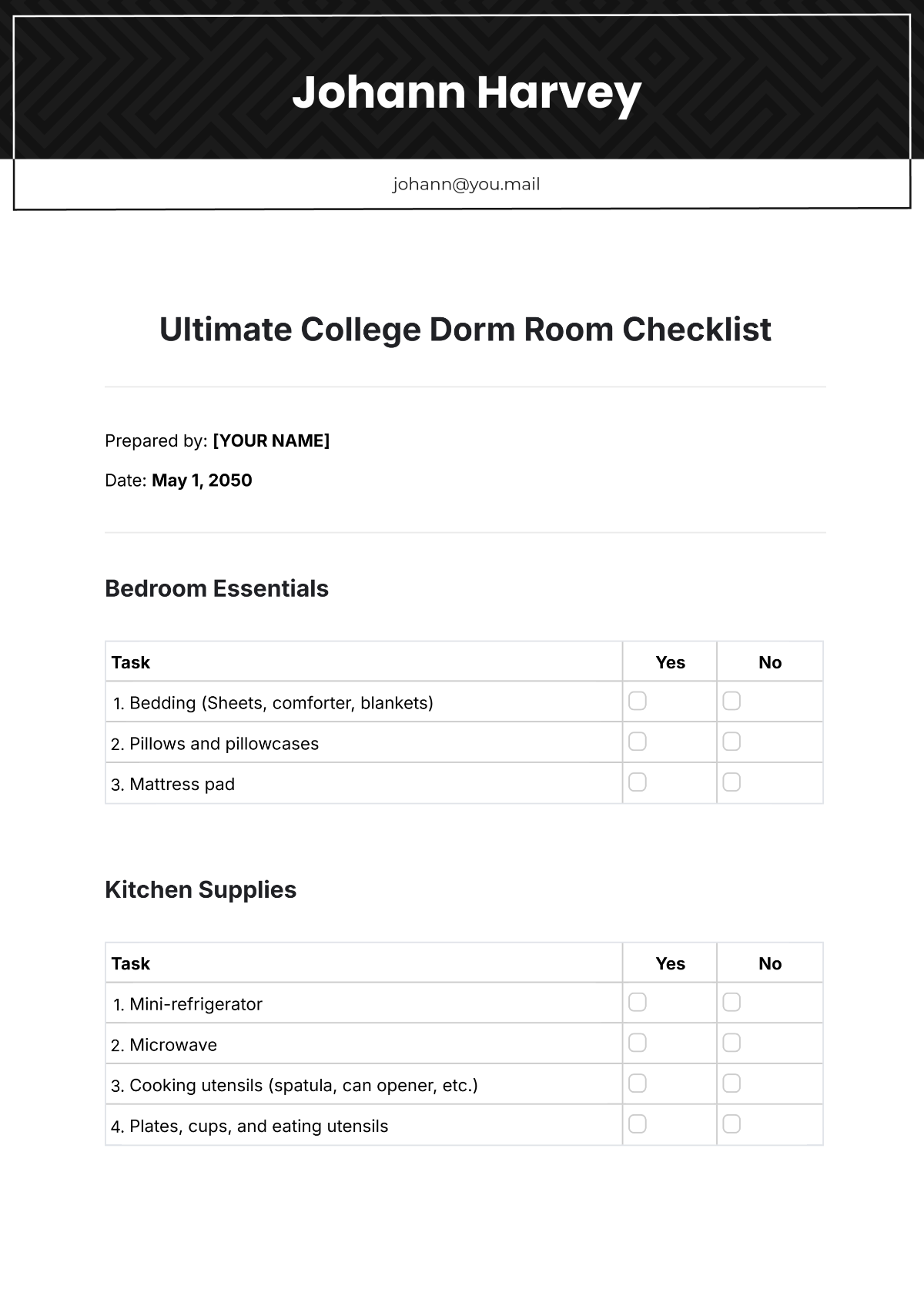 Ultimate College Dorm Room Checklist Template - Edit Online & Download