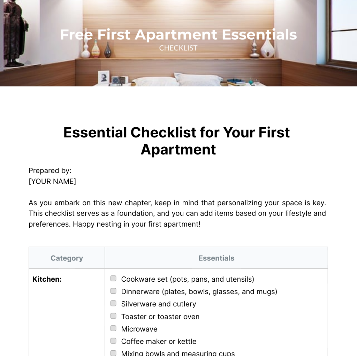 First Apartment Essentials Checklist Template