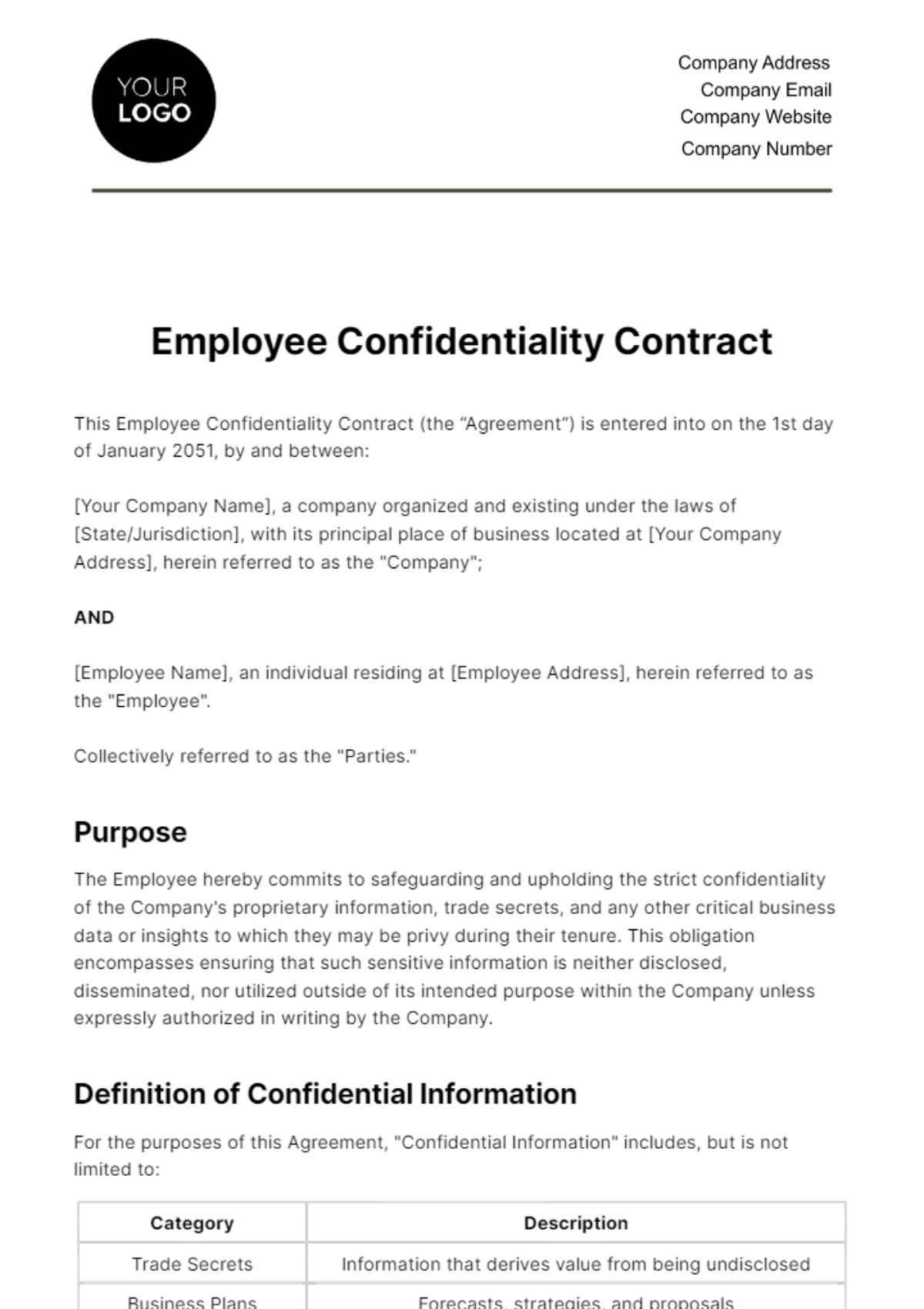 Employee Confidentiality Contract HR Template