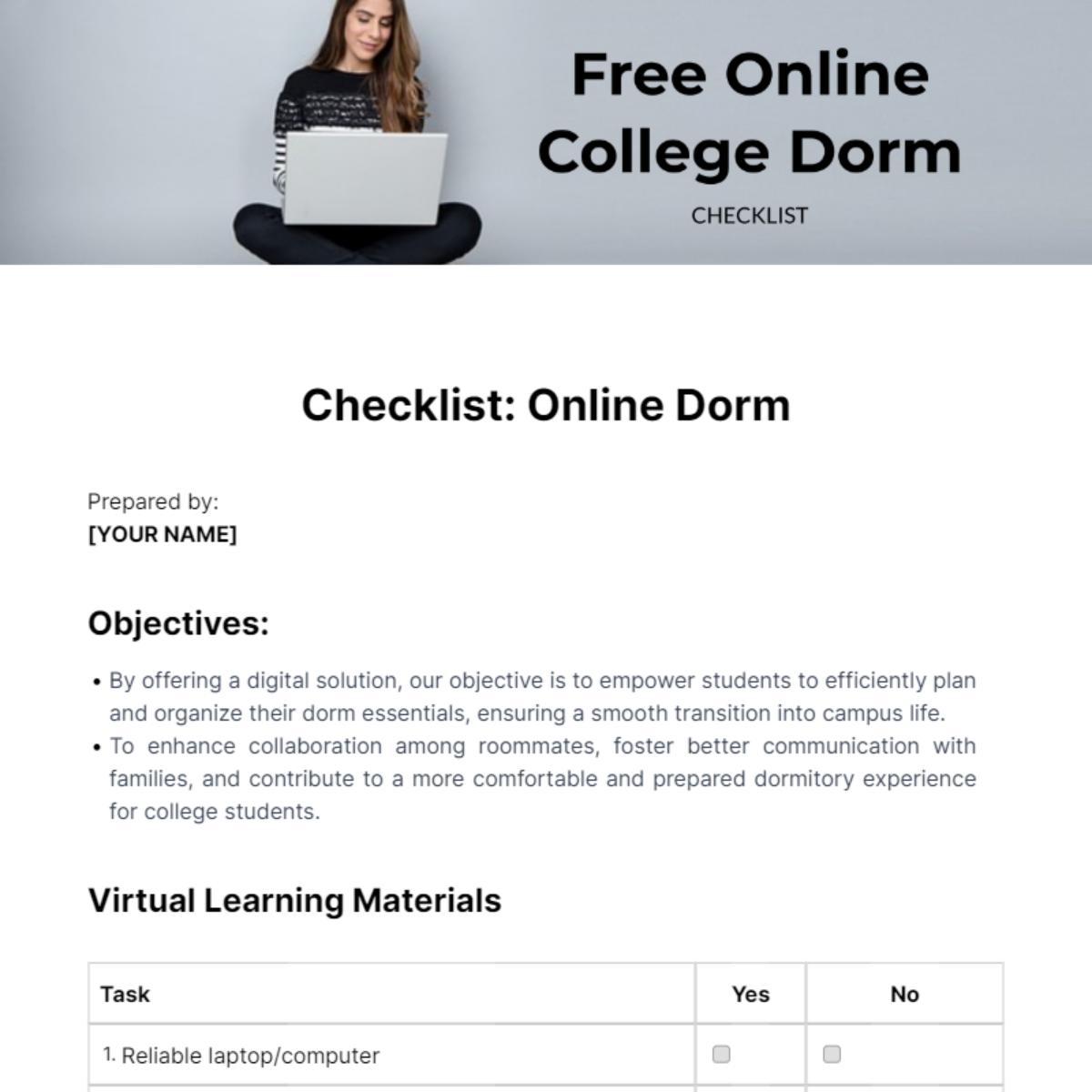Online College Dorm Checklist Template