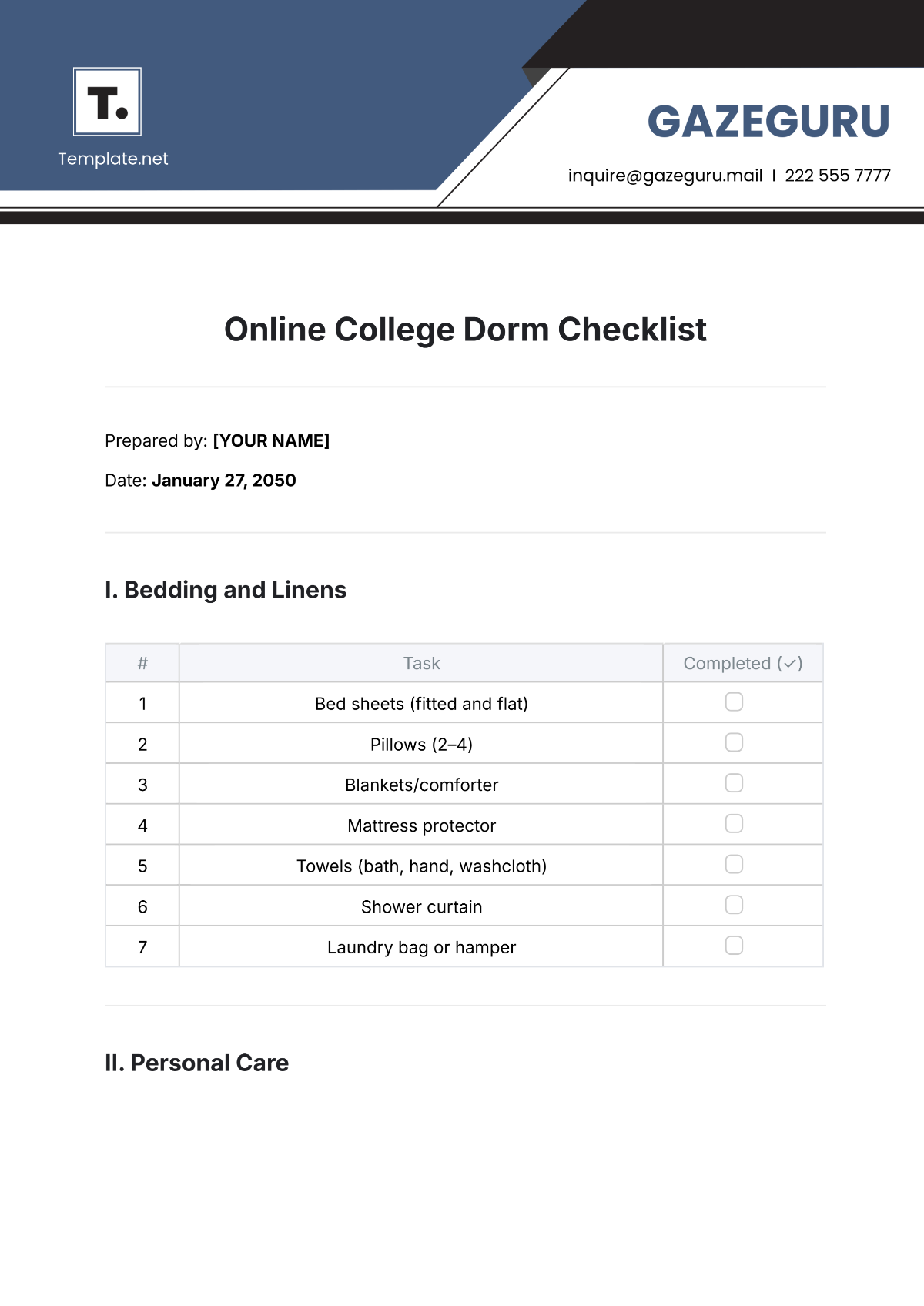 Online College Dorm Checklist Template - Edit Online & Download