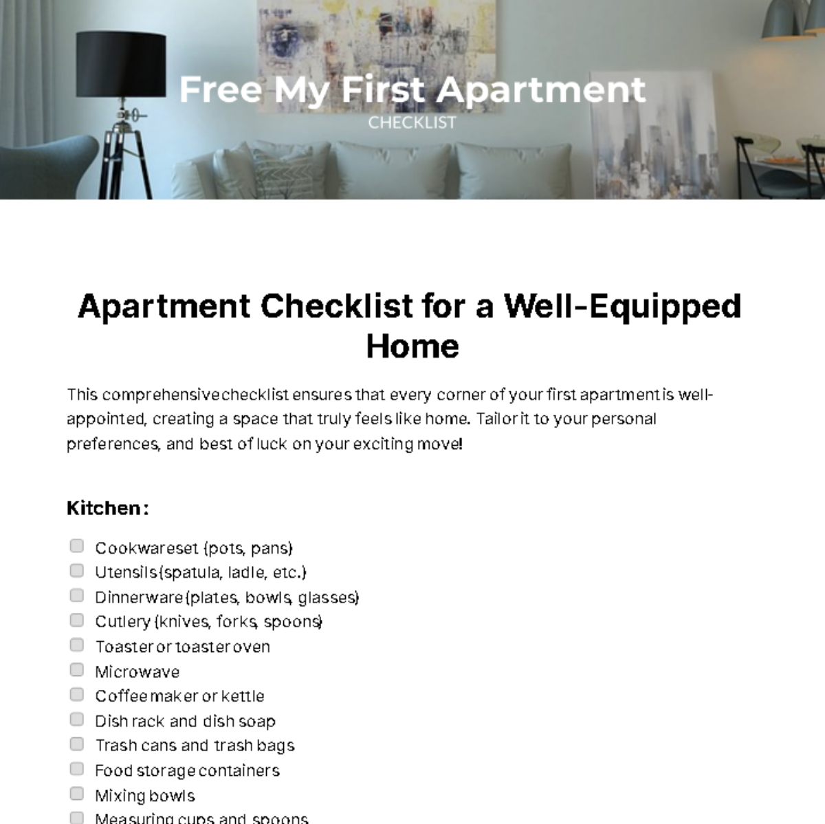 My First Apartment Checklist Template