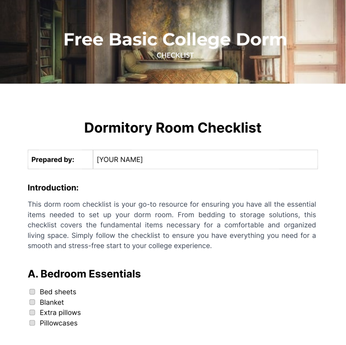 Free Basic College Dorm Checklist Template